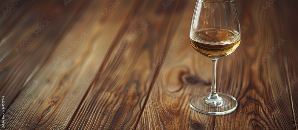 Aufkleber Close-up view of a white wine-filled wineglass on a walnut table with copy space image available.