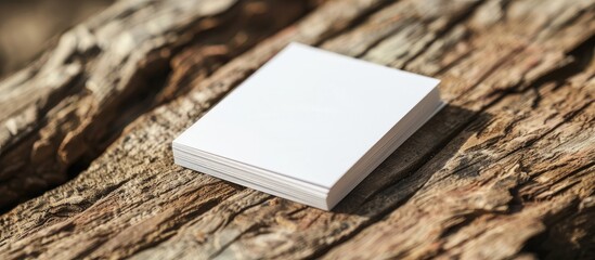Fototapeta premium Close-up shot of a white business card on a wooden surface, suitable for branding, with available copy space image for customization.