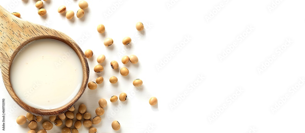 Poster soy milk in a spoon with soybean, isolated on white background, allowing for text with copy space im