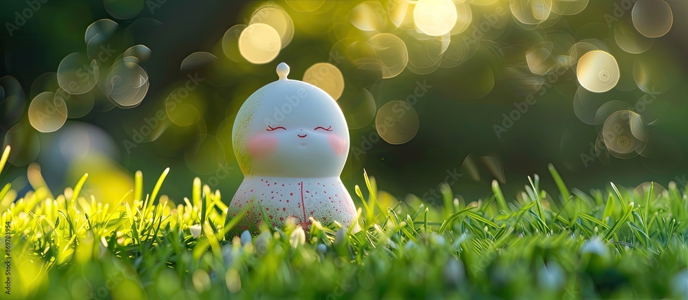 Poster a white and pink ceramic doll displayed on green grass with a blurred bokeh and sunlight background,