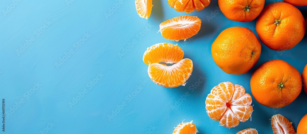 Poster isolated whole ripe mandarin fruit and slices set against a blue backdrop with copy space image.