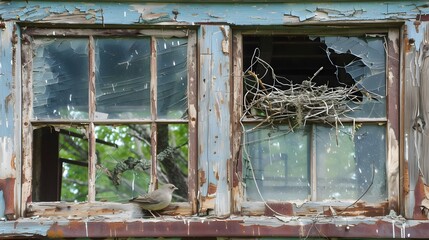 Broken Window with Birds Nest: A broken window with a bird's nest built in one corner, symbolizing life amidst decay. 