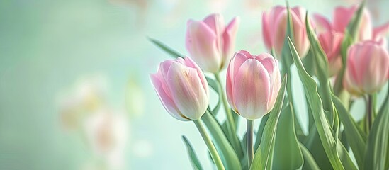 Obraz premium Retro vintage style greeting card with tulips on a pastel-colored background, ideal for Mother's Day or Easter celebrations, featuring a spring-themed design and copy space image.