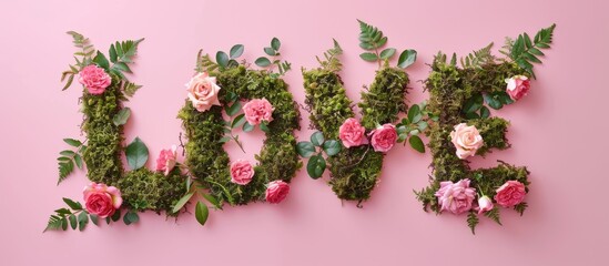 Volume LOVE word made of stabilized moss and roses in a floral arrangement on a pink backdrop with copy space image.