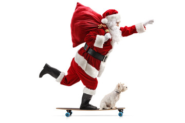 Full length profile shot of Santa Claus riding a longboard with a dog
