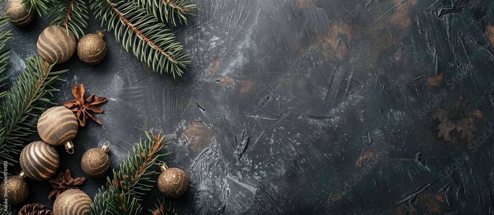 Fototapete a gray table from above holding old wooden christmas ornaments and pine branches, with room for text