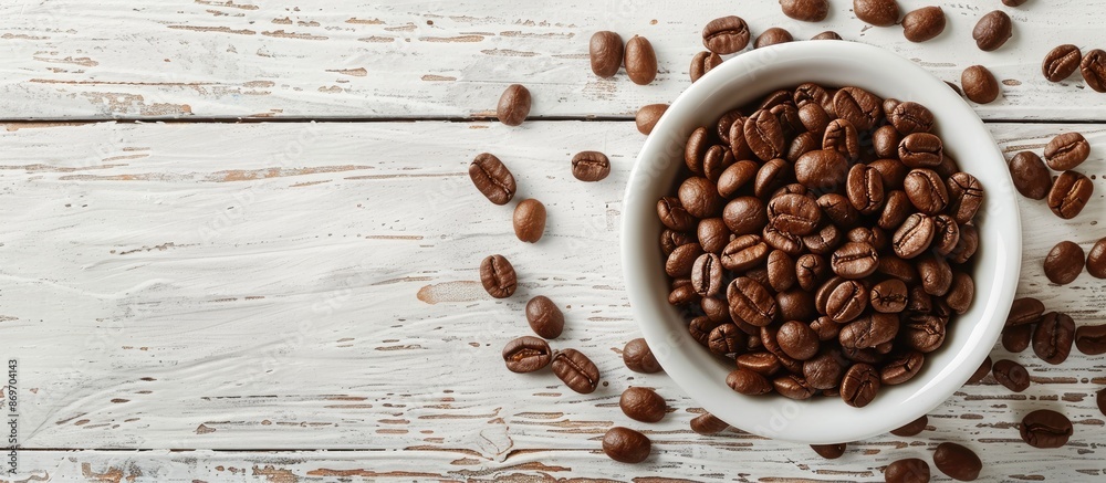 Poster coffee beans in bowl with coffee maker on a wooden surface, set against a white paper background in 