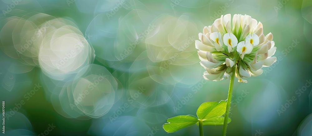 Poster close-up of a lovely white clover blossom against a blurred backdrop, ideal for text placement in th