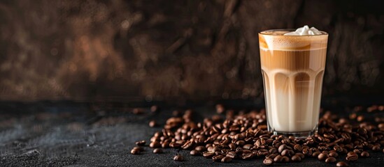 Latte macchiato and geyser coffee maker displayed with a glass of latte macchiato, scattered coffee beans on a dark background, with ample copy space image.