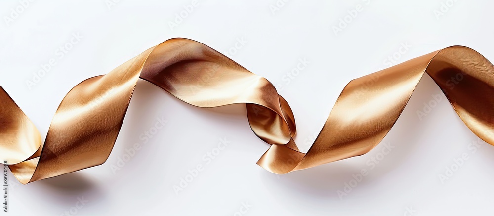 Poster flat lay of a shiny brown silk ribbon against a white background, creating a festive atmosphere in t