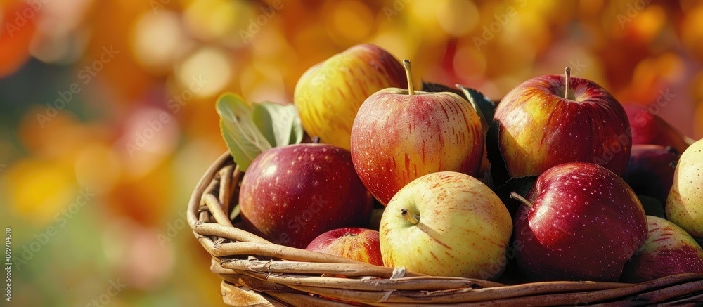 Poster Closeup view of a basket filled with various apple varieties, set against a backdrop of autumn-colored stripes, providing copy space image.