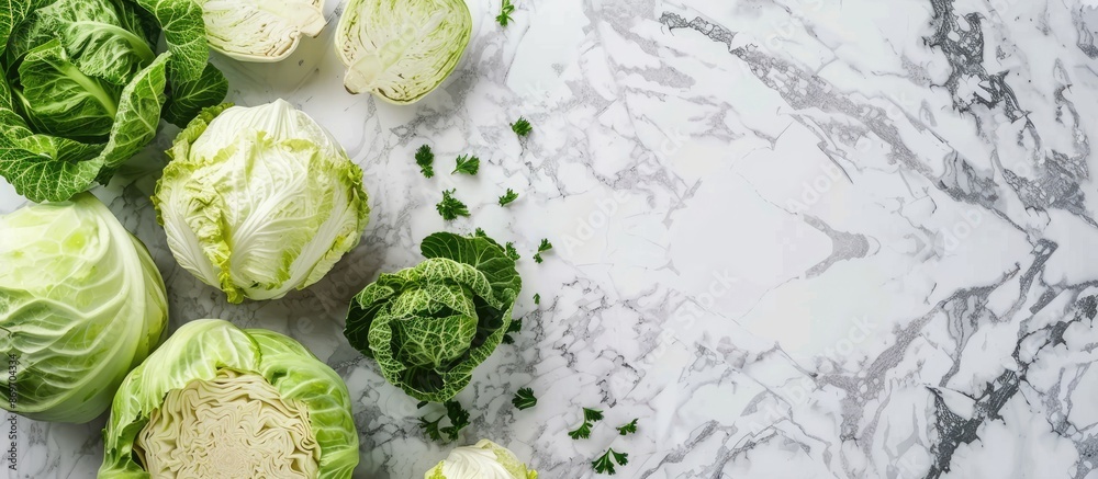 Poster Various types of cabbages displayed on a marble table in a top-down view with copy space image, promoting healthy eating.