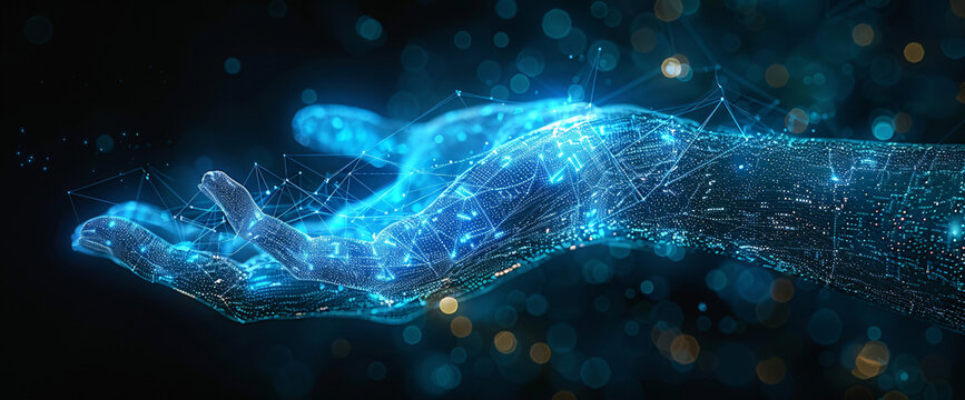 A digital hand hologram on a dark background with copy space, illustrating neural network connection and communication with artificial intelligence.