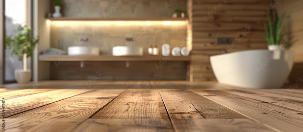 Aufkleber Table with no items placed for showcasing products with background of blurry bathroom, allowing for copy space image.