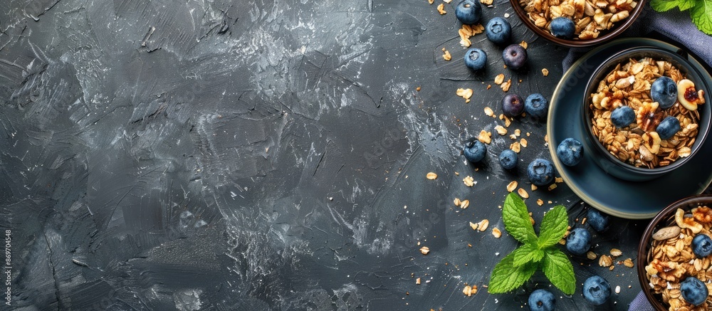 Aufkleber Gourmet morning meal featuring muesli, blueberries, and nuts on a rustic background, presented in a top-down view with empty space for text or graphics. Copy space image