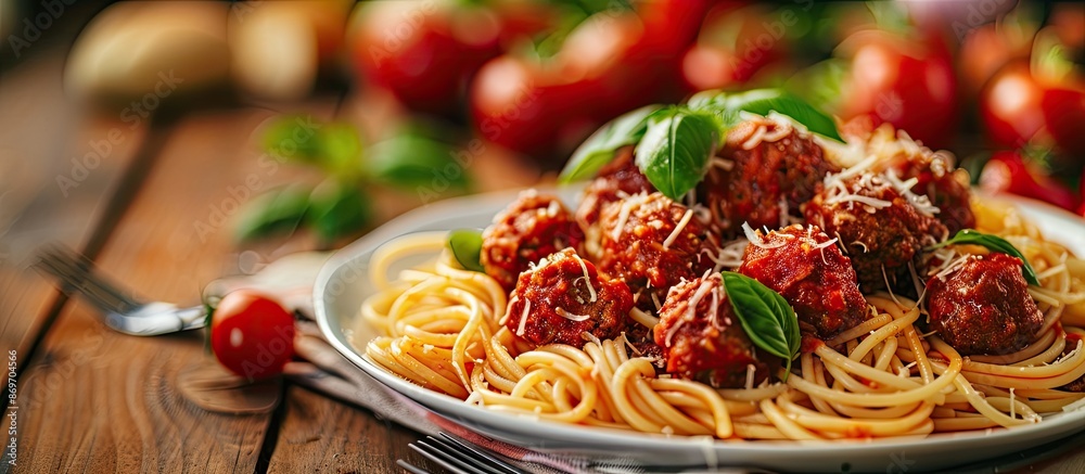 Fototapete selective focus on a plate of spaghetti and meatballs on a table with a copy space image available.