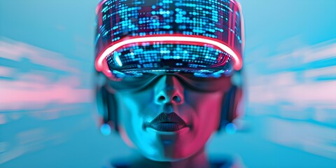Digital avatar in virtual metaverse embodies futuristic technologies with colorful data. Concept Virtual Reality, Futuristic Technologies, Digital Avatars