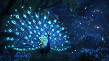 Obraz premium bioluminescent peacock in an enchanted night garden iridescent feathers glow with ethereal blues and greens surrounded by glowing flowers and floating fireflies in a magical moonlit scene