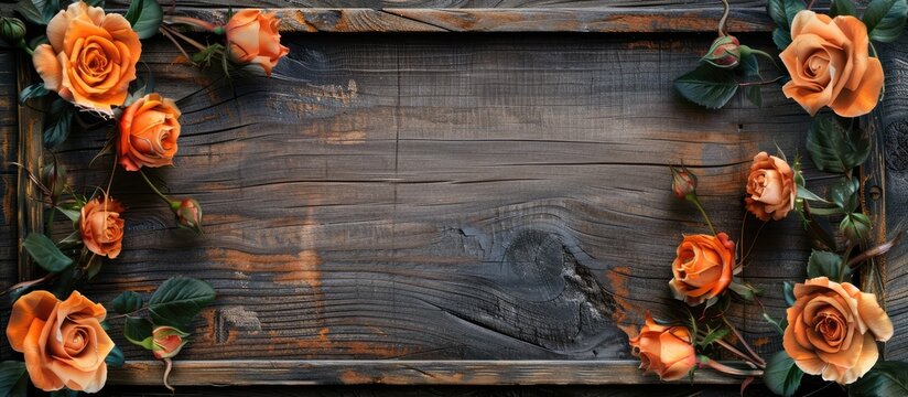 A decorative wooden picture frame with ornaments, suitable for photos or text placements. Ideal for showcasing artwork or festive displays with orange roses against a corel background