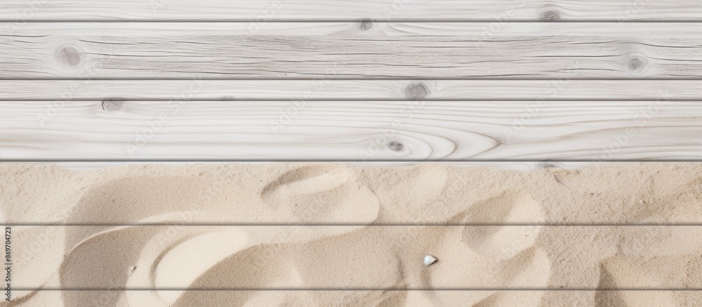 Poster white planked wood covered in sand, serving as a summer background for a flat lay photo with a top v