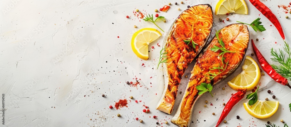 Poster red fish steak with lemon and spices on a light background, featuring a copy space image.