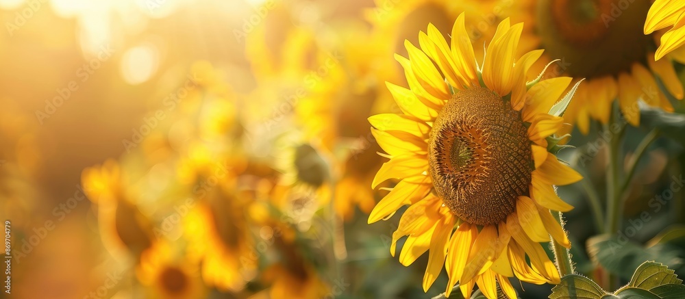 Poster close-up view of a rural landscape featuring a row of sunflowers with copy space image.