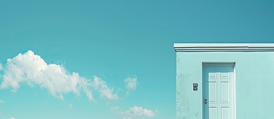 A white door against a blue sky provides a serene copy space image.