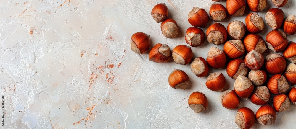 Poster Hazelnuts displayed beautifully with a delicate background in a top view copy space image.