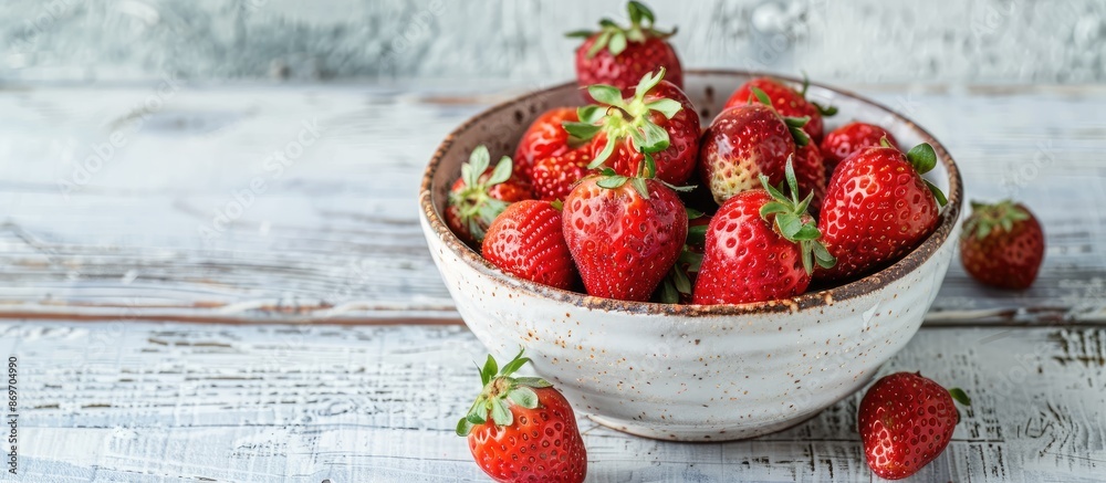 Poster fresh strawberries in a ceramic bowl on a rustic white wooden surface with copy space image.