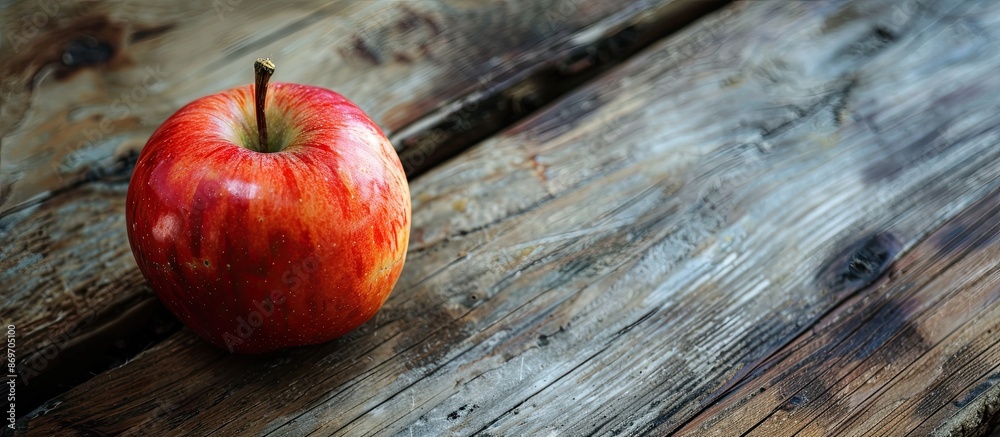 Poster An apple resting on a rustic wooden table with available copy space image.