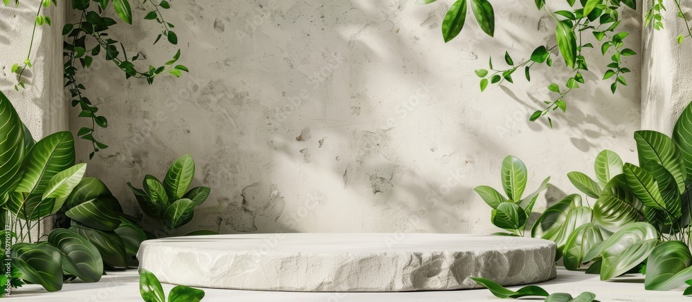 Aufkleber Stone podium with copy space image for product presentation surrounded by empty showcase adorned with green leaves.