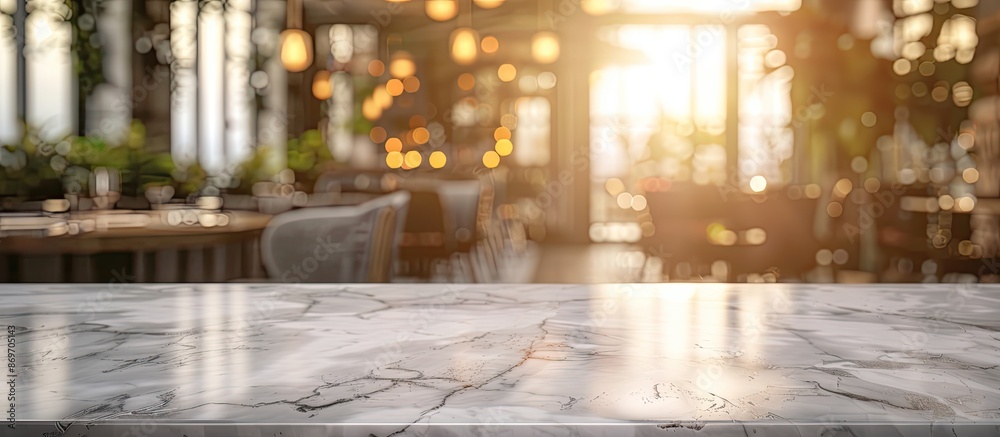 Poster marble table on a desk with a blurred restaurant background, with copy space image.