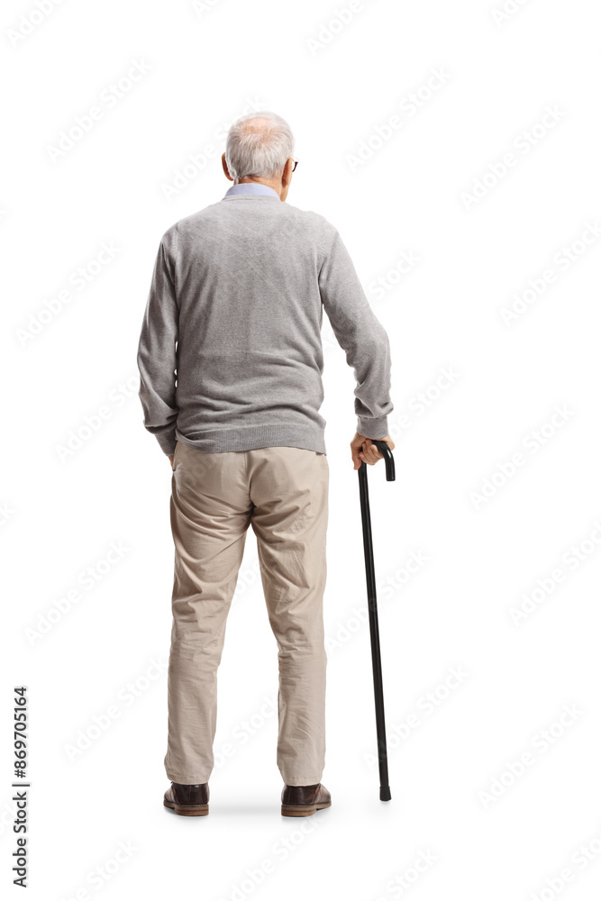 Poster rear view shot of an elderly man standing with a cane