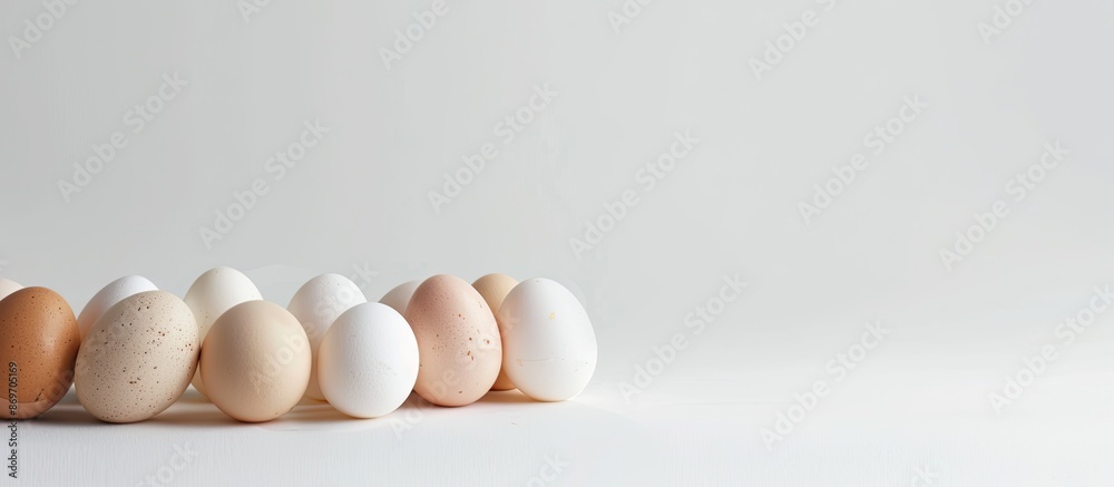 Poster A close-up of fresh eggs arranged neatly on a plain white background with ample space for a copy space image.