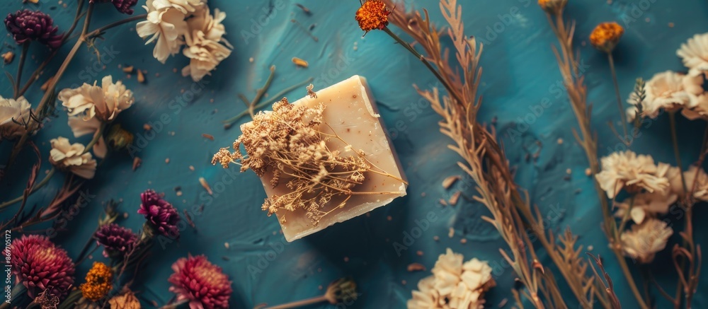 Poster handmade soap resting on a background of dried flowers provides a serene ambiance with a beautiful c