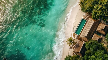 breathtaking aerial view of luxurious infinity pool merging with turquoise ocean framed by lush tropical landscaping and elegant beachfront villas