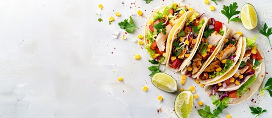 Mexican tacos with chicken, veggies, tortillas, salad, and corn on a white background with a flat lay top view showcasing its ingredients and copy space image.