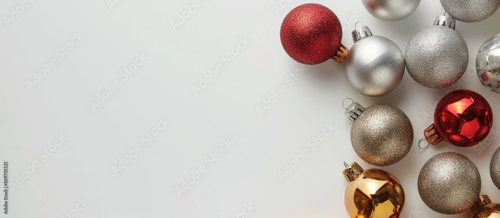 Poster white background with christmas baubles for a copy space image.