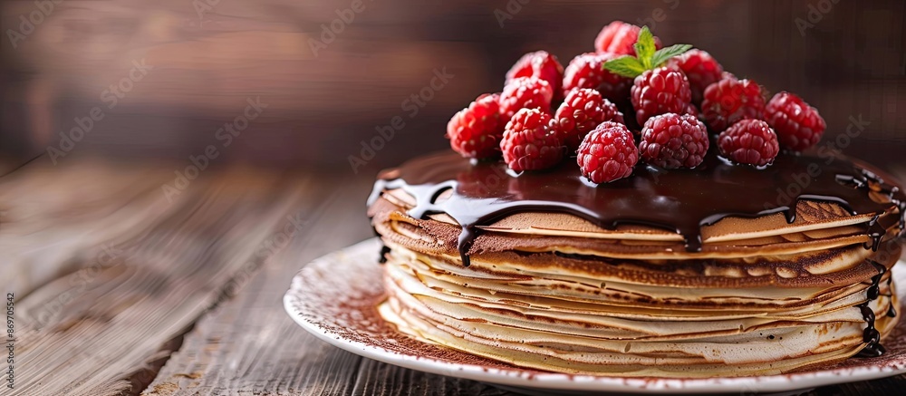 Poster Chocolate Crepe cake with a beautiful presentation and empty space for text or graphics to be added for a commercial or advertising purpose.