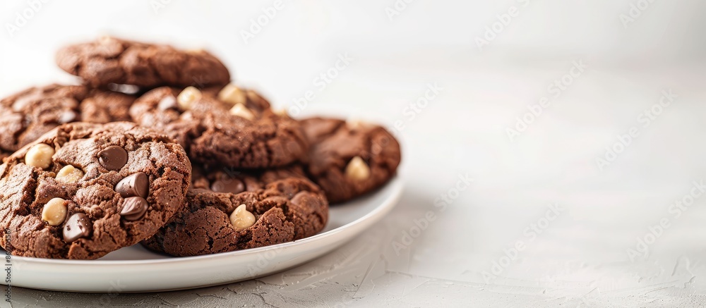 Poster Chocolate cookies served on a white plate with a blank space for adding an image to enhance the presentation.