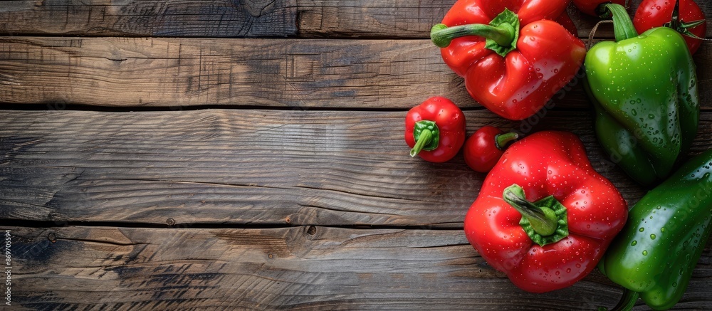 Poster copy space image of red and green peppers on a wooden backdrop.