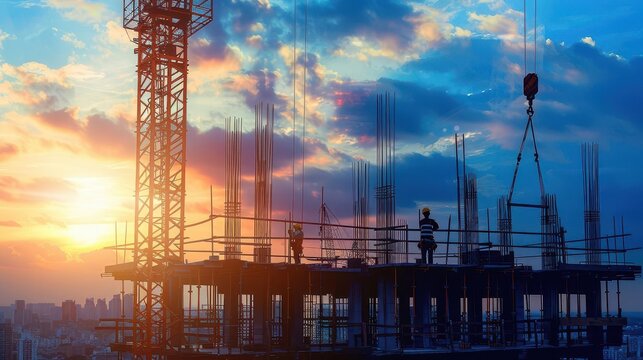 bustling construction site with towering cranes workers in hard hats partially completed skyscraper vibrant urban backdrop