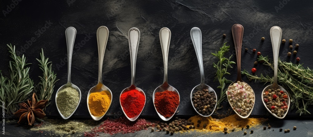 Canvas Prints Basic cooking essentials like pepper, salt, rosemary, spices, and herbs set against a dark concrete background with copy space image.