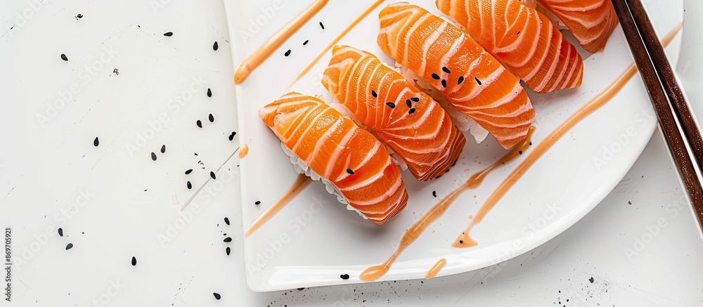 Poster Tasty and nutritious salmon sushi with appealing presentation and copy space image.
