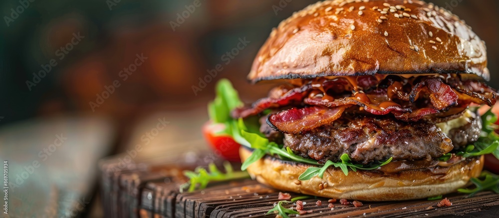Aufkleber Close-up of a delicious burger topped with bacon on a rustic wooden board, with a designated area for text in the image.