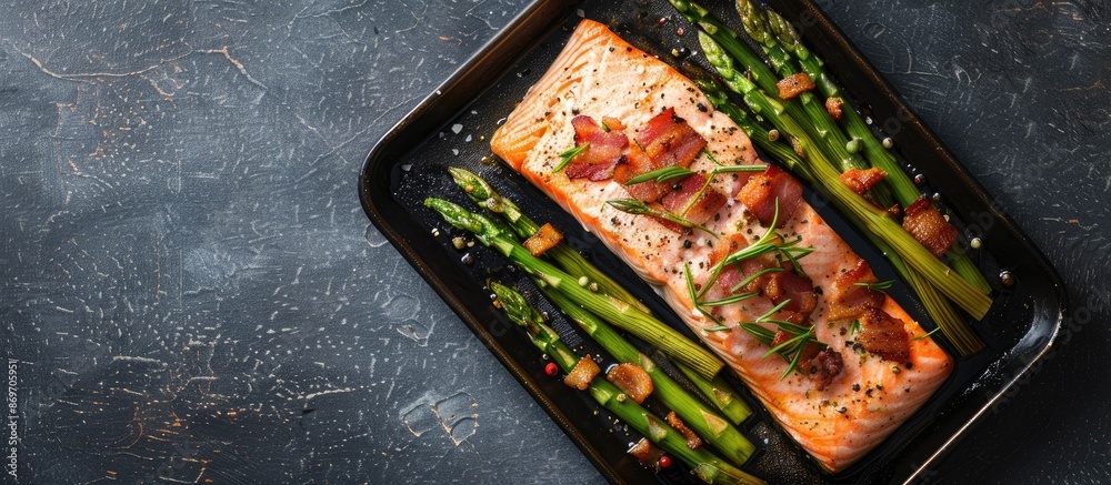 Poster Salmon baked in the oven served with bacon-wrapped asparagus on a black background in an overhead shot. Includes copy space image.
