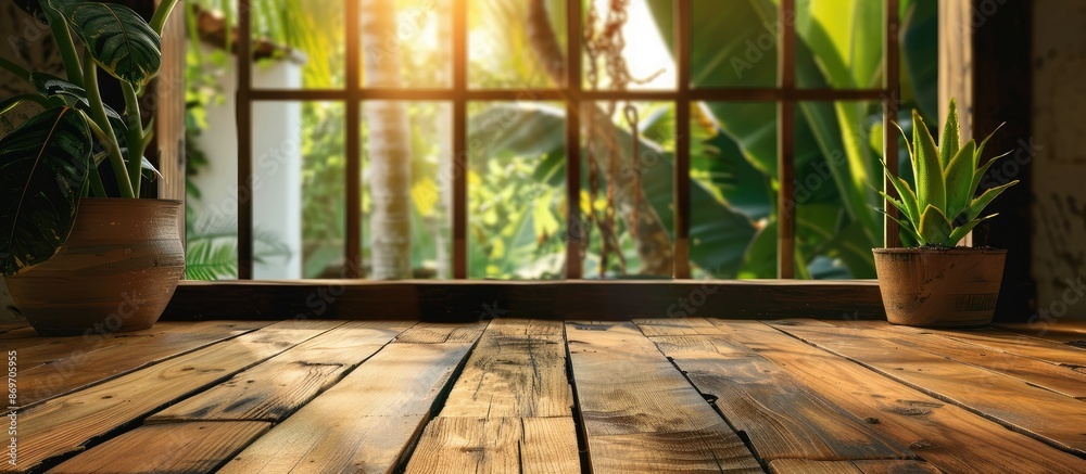 Fototapete Wooden table with no items on it and a blurry background window with room for text or images, suitable for exhibiting products in a visual display.