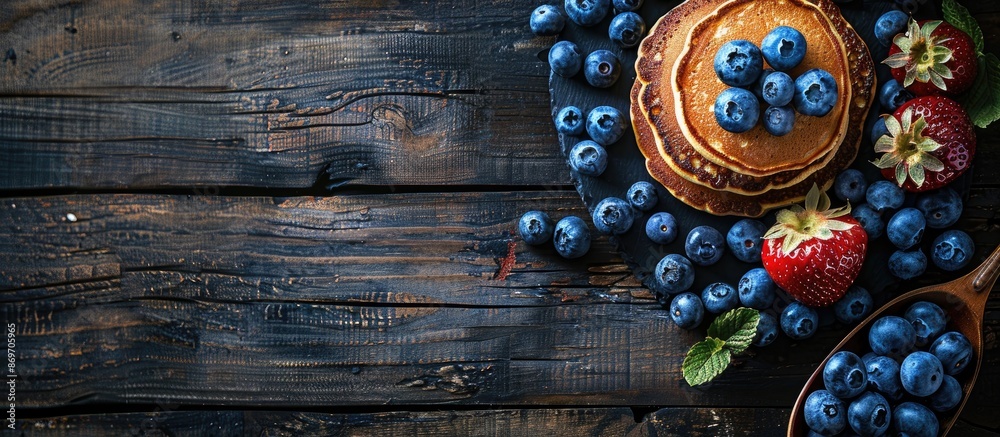 Poster breakfast featuring pancakes and blueberries set on a dark wooden table with available copy space im