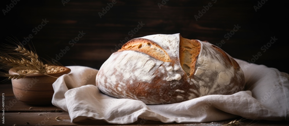 Poster Freshly baked organic sourdough bread on a dark background with linen tablecloth, captured in a side view with copy space image.