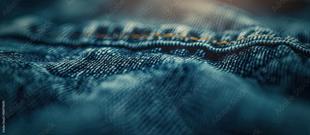 Poster close-up shot of a detailed jeans texture with focus on a single point, against a softly blurred bac